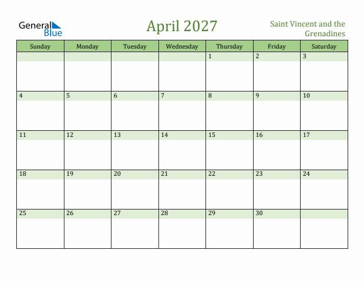 April 2027 Calendar with Saint Vincent and the Grenadines Holidays