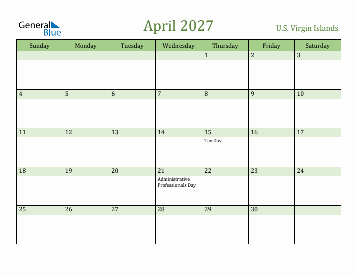 April 2027 Calendar with U.S. Virgin Islands Holidays