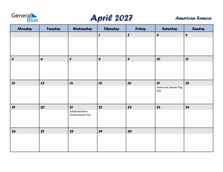 April 2027 Calendar with Holidays in American Samoa