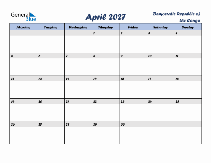 April 2027 Calendar with Holidays in Democratic Republic of the Congo
