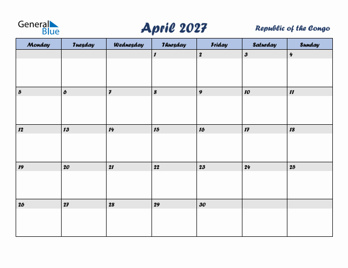 April 2027 Calendar with Holidays in Republic of the Congo