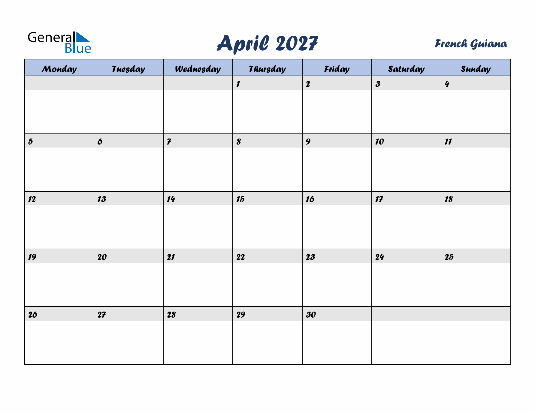 April 2027 Calendar with Holidays in French Guiana