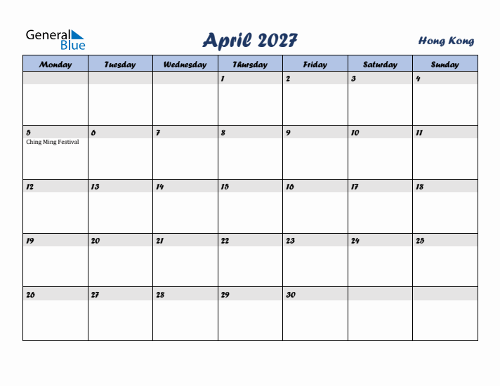 April 2027 Calendar with Holidays in Hong Kong