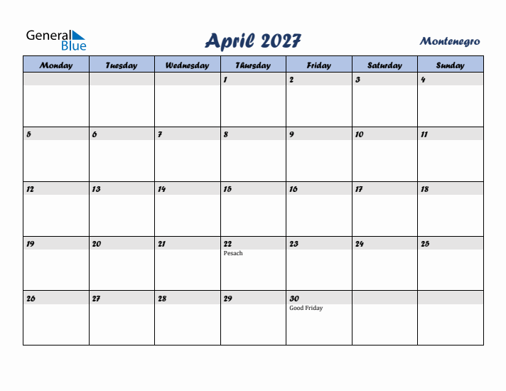 April 2027 Calendar with Holidays in Montenegro