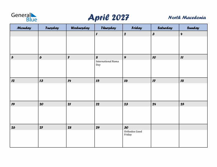 April 2027 Calendar with Holidays in North Macedonia