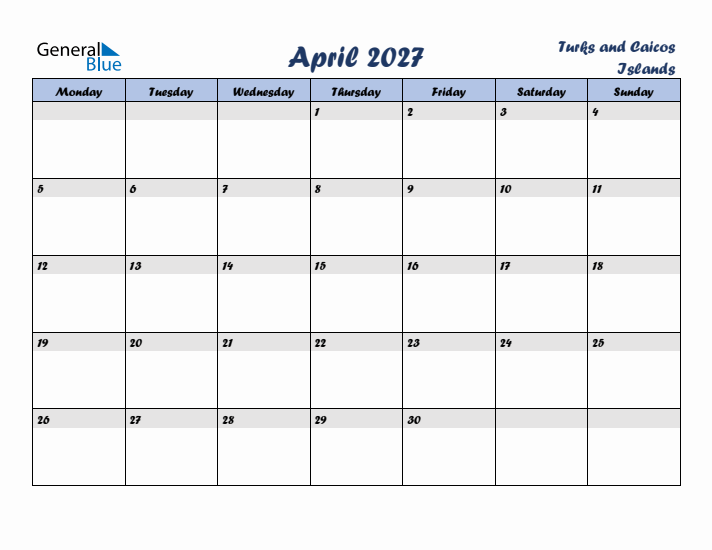 April 2027 Calendar with Holidays in Turks and Caicos Islands