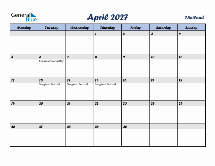 April 2027 Calendar with Holidays in Thailand
