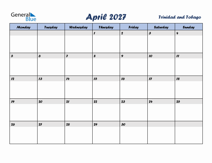 April 2027 Calendar with Holidays in Trinidad and Tobago