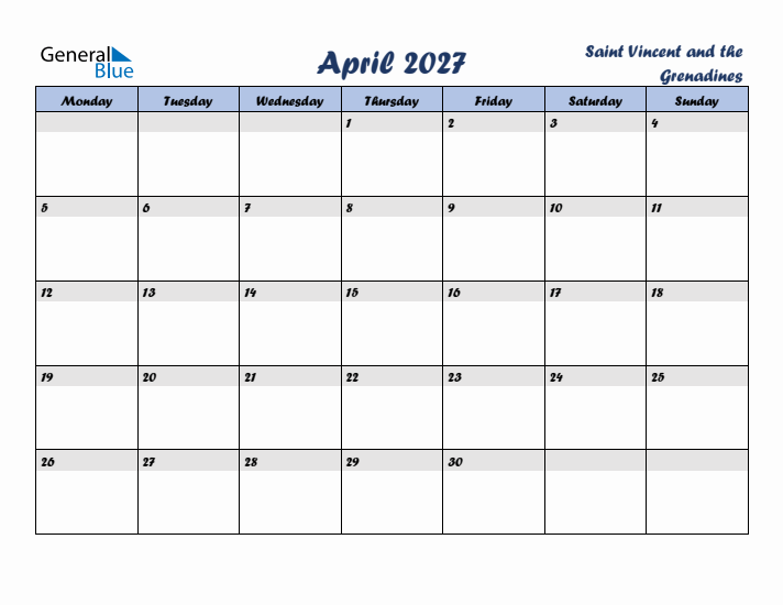 April 2027 Calendar with Holidays in Saint Vincent and the Grenadines