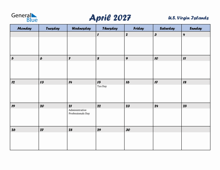 April 2027 Calendar with Holidays in U.S. Virgin Islands