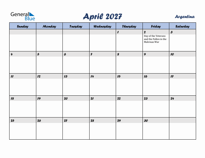 April 2027 Calendar with Holidays in Argentina
