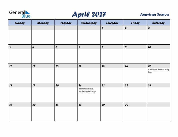 April 2027 Calendar with Holidays in American Samoa