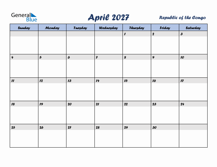 April 2027 Calendar with Holidays in Republic of the Congo