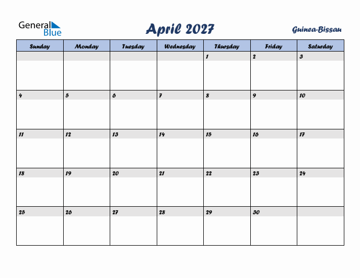 April 2027 Calendar with Holidays in Guinea-Bissau