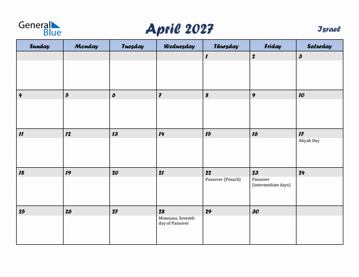 April 2027 Calendar with Holidays in Israel