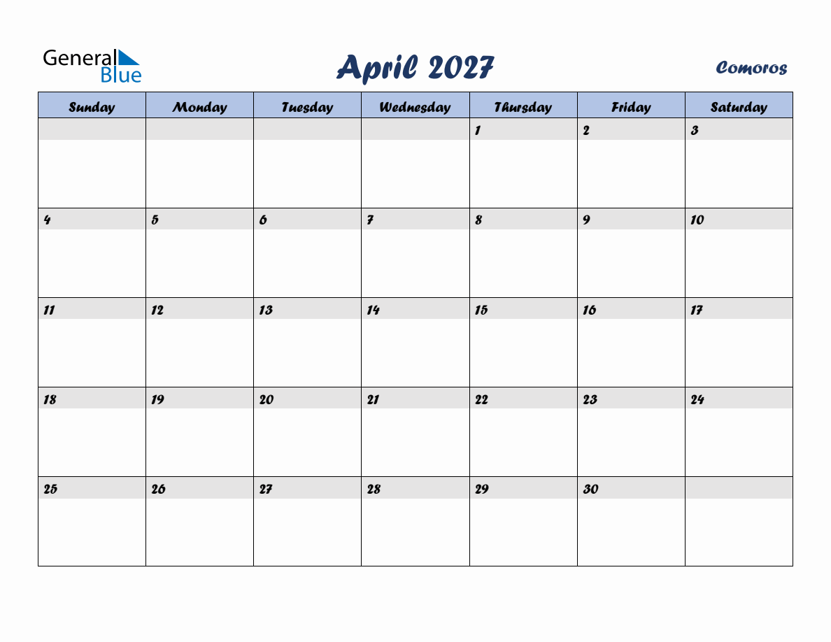 April 2027 Monthly Calendar Template with Holidays for Comoros
