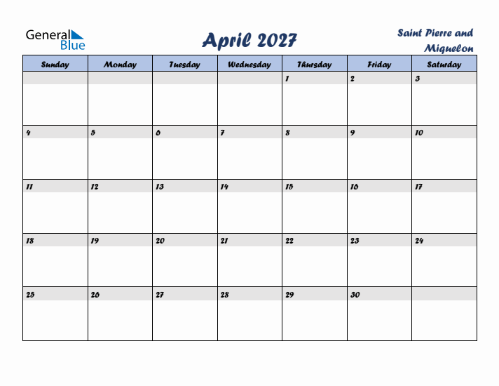 April 2027 Calendar with Holidays in Saint Pierre and Miquelon