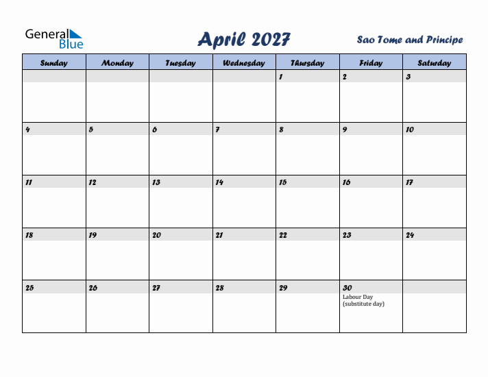 April 2027 Calendar with Holidays in Sao Tome and Principe
