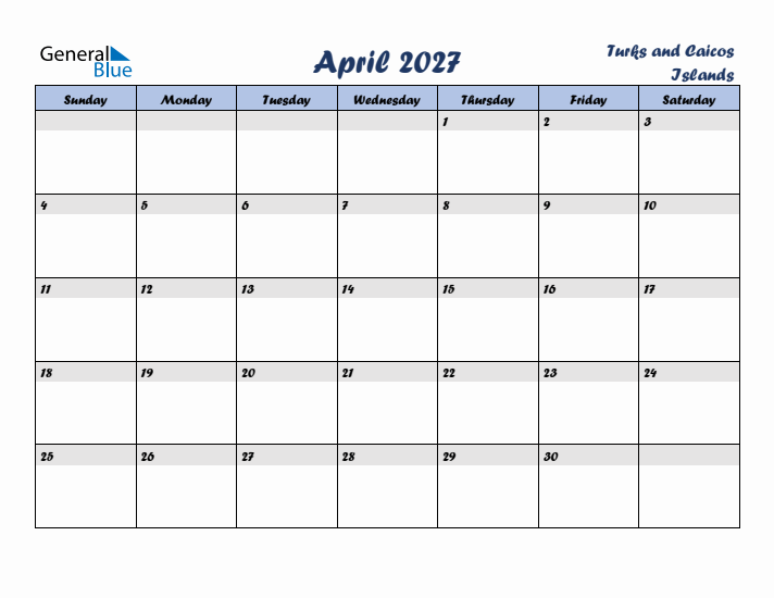 April 2027 Calendar with Holidays in Turks and Caicos Islands