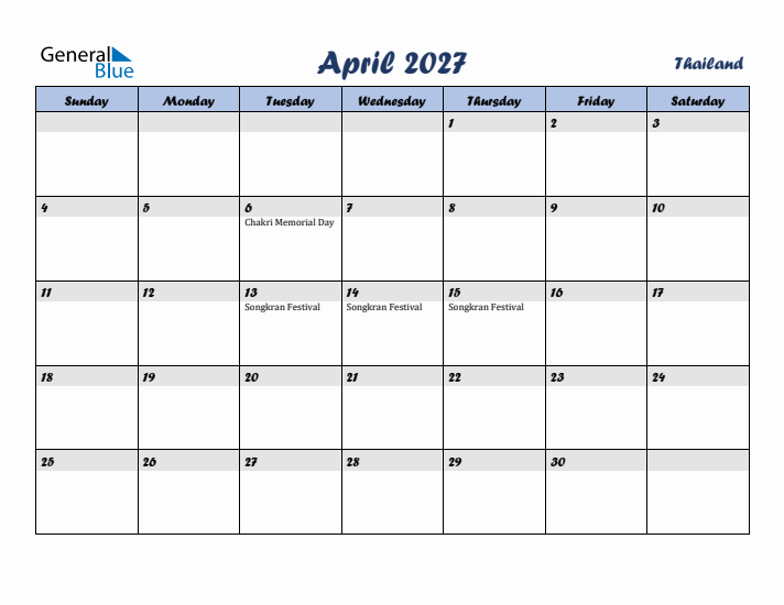 April 2027 Calendar with Holidays in Thailand