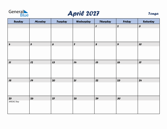 April 2027 Calendar with Holidays in Tonga