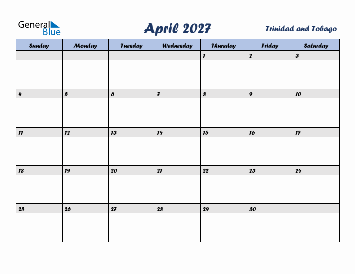 April 2027 Calendar with Holidays in Trinidad and Tobago