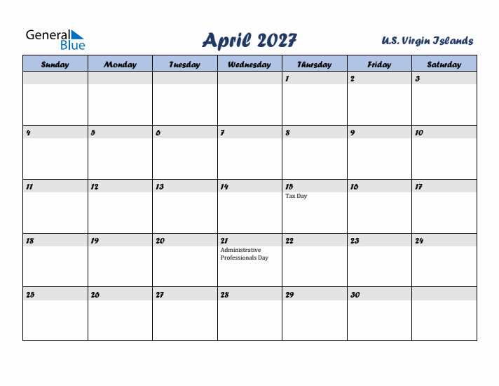 April 2027 Calendar with Holidays in U.S. Virgin Islands