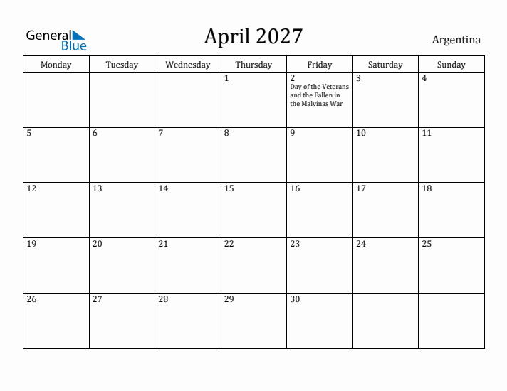 April 2027 Calendar Argentina