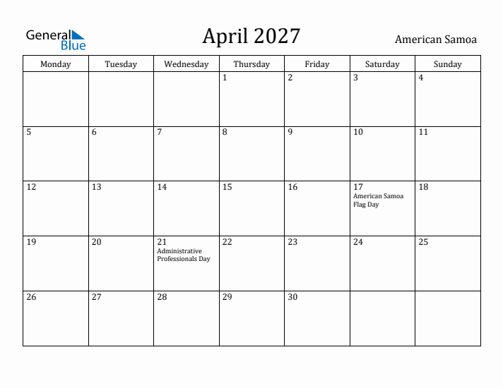 April 2027 Calendar American Samoa