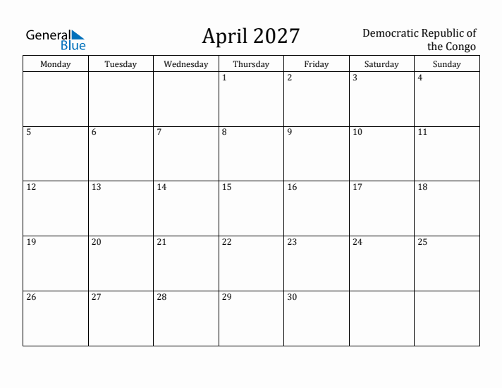 April 2027 Calendar Democratic Republic of the Congo