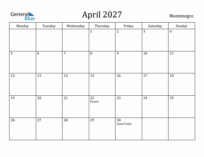 April 2027 Calendar Montenegro