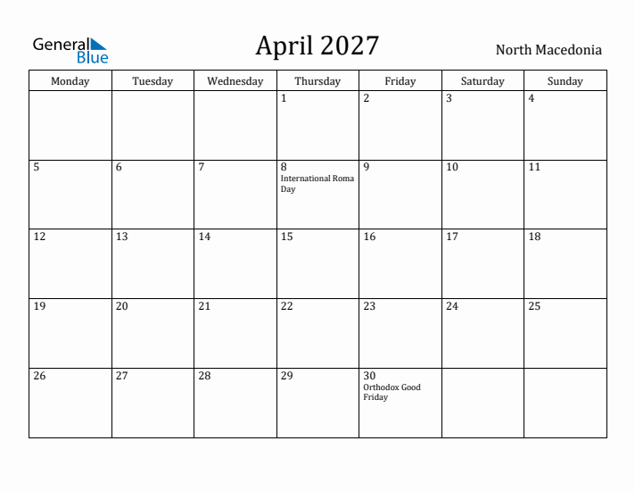 April 2027 Calendar North Macedonia