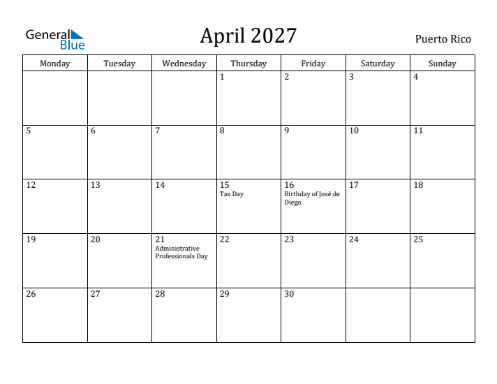 April 2027 Calendar Puerto Rico