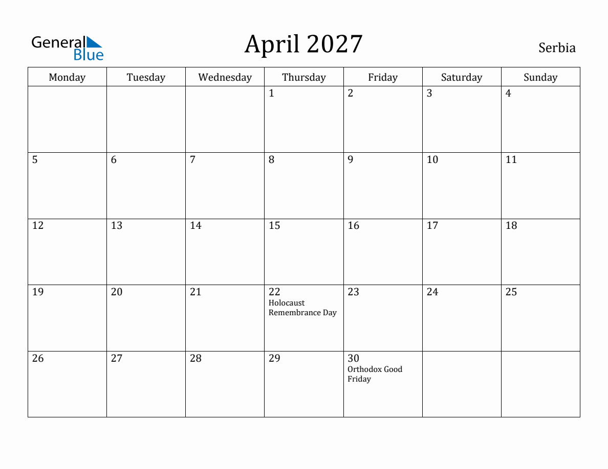 April 2027 Monthly Calendar with Serbia Holidays