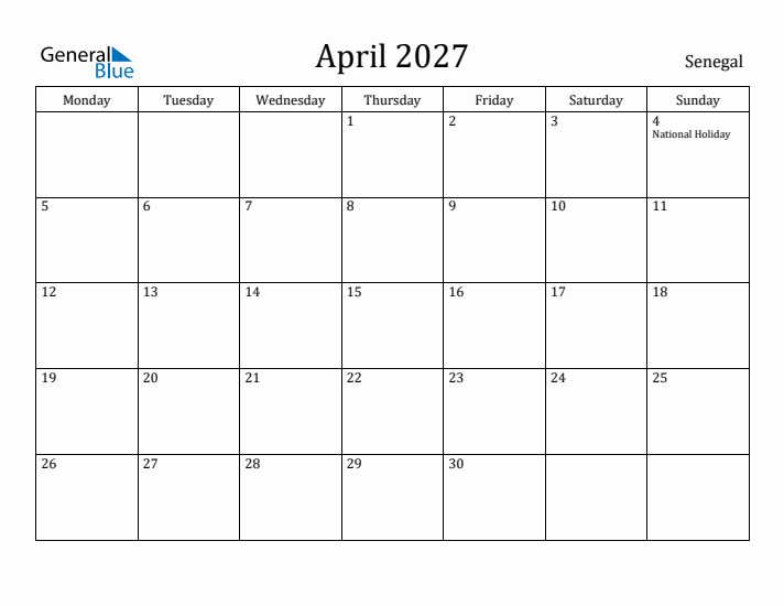 April 2027 Calendar Senegal