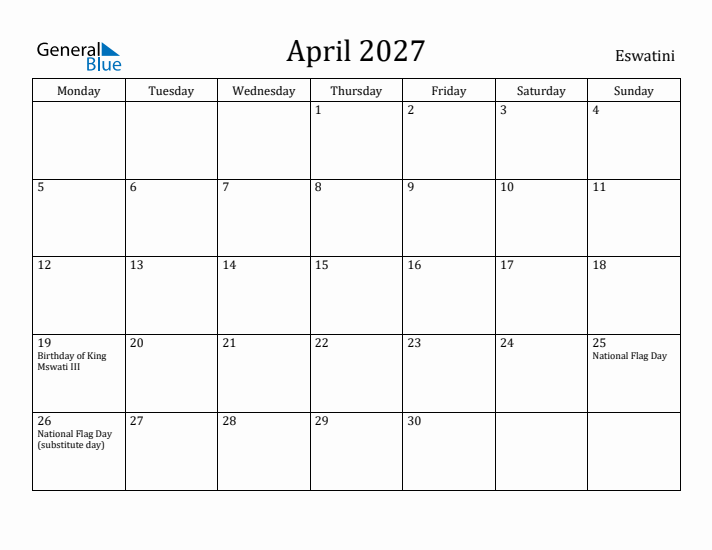 April 2027 Calendar Eswatini