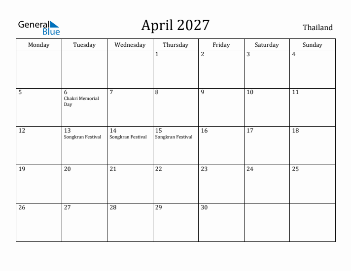 April 2027 Calendar Thailand