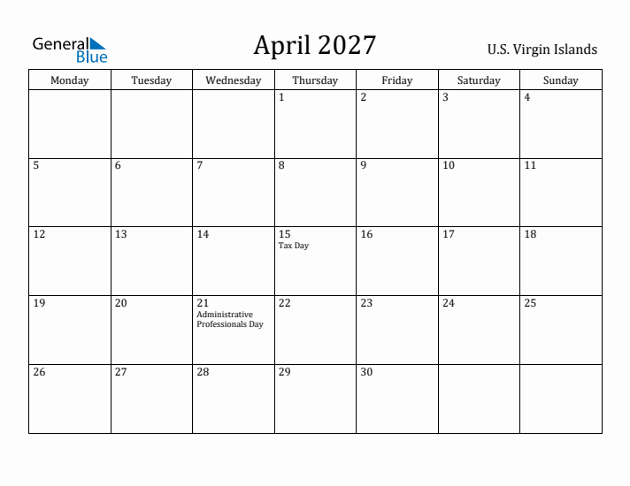 April 2027 Calendar U.S. Virgin Islands