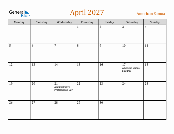 April 2027 Holiday Calendar with Monday Start