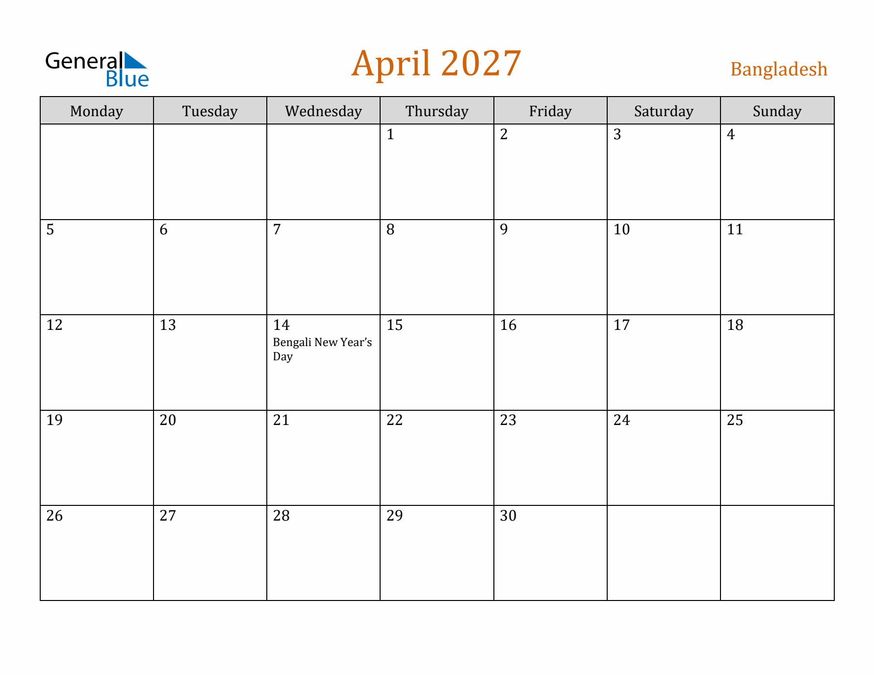 April 2027 Holiday Calendar with Monday Start