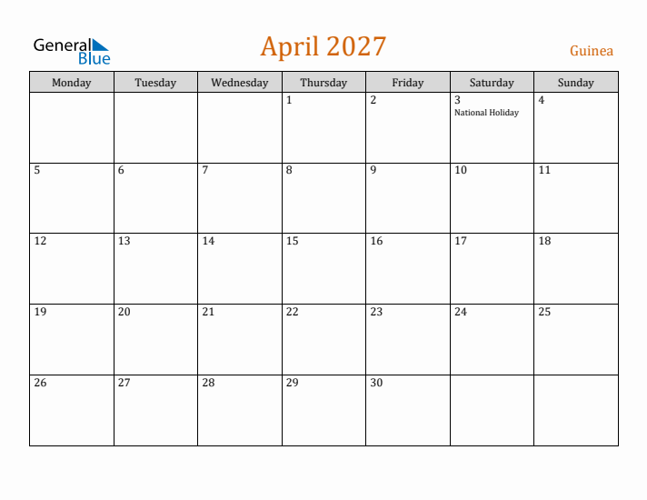 April 2027 Holiday Calendar with Monday Start