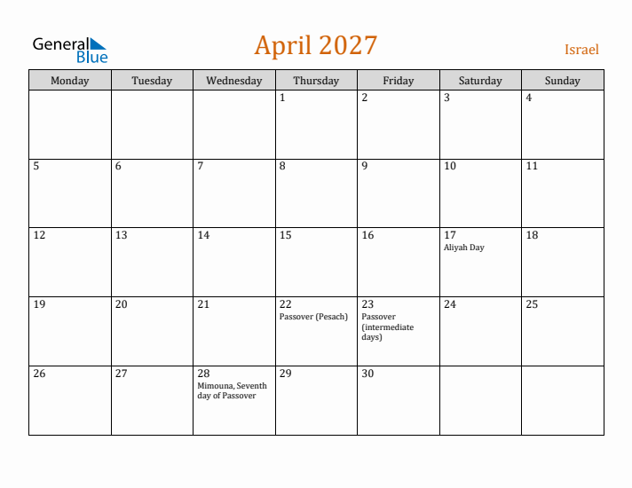 April 2027 Holiday Calendar with Monday Start