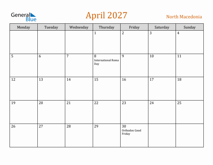 April 2027 Holiday Calendar with Monday Start