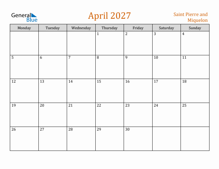 April 2027 Holiday Calendar with Monday Start