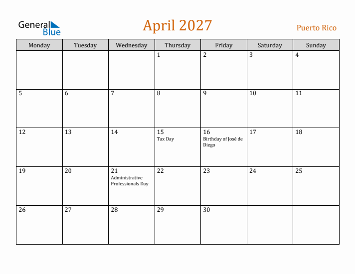 April 2027 Holiday Calendar with Monday Start