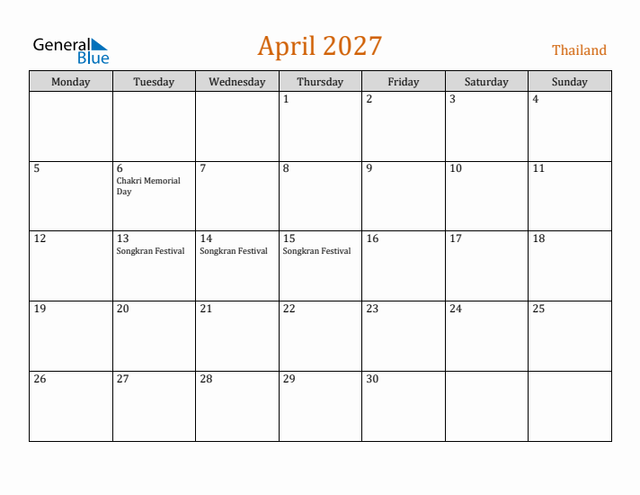 April 2027 Holiday Calendar with Monday Start
