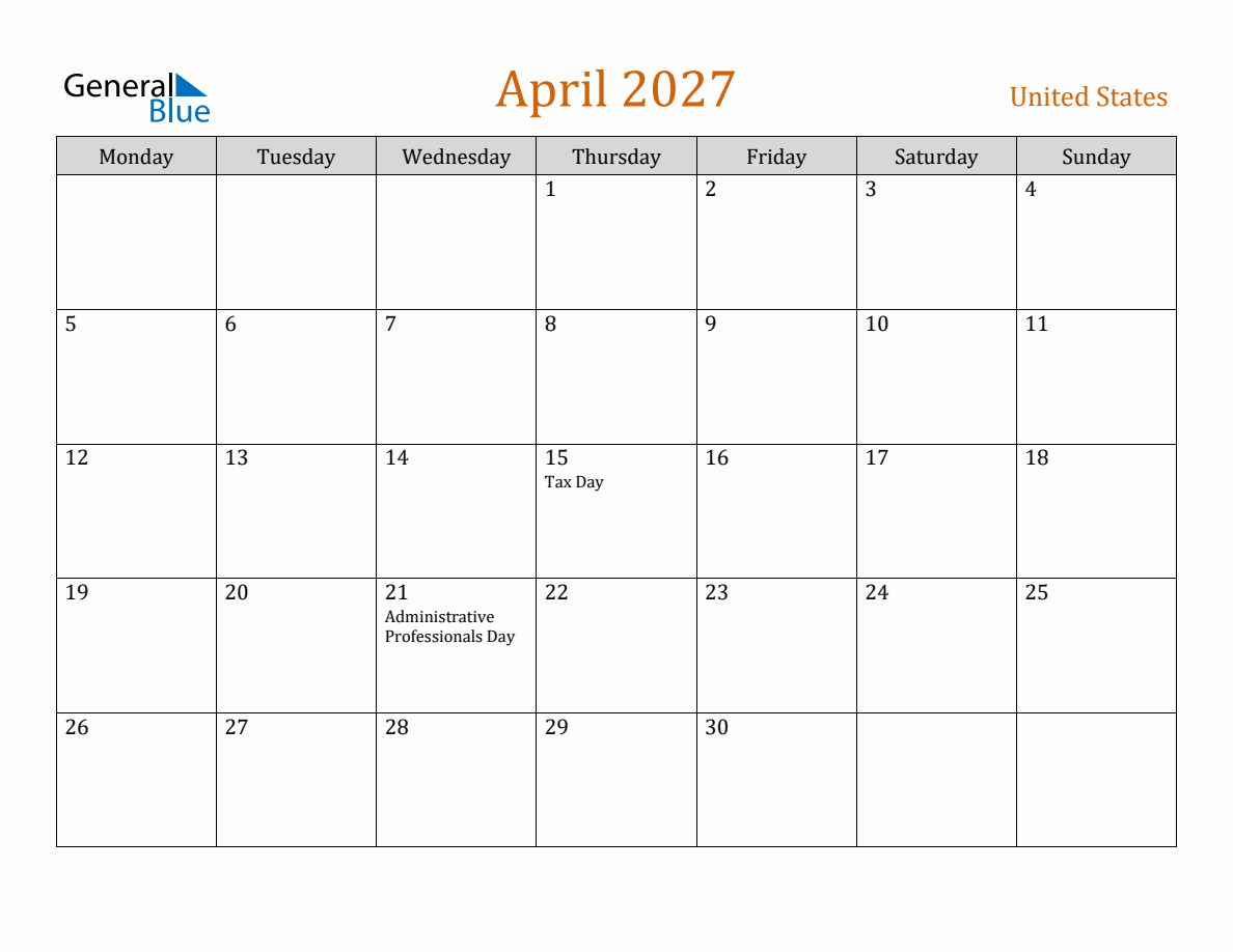 Free April 2027 United States Calendar (Monday Start)
