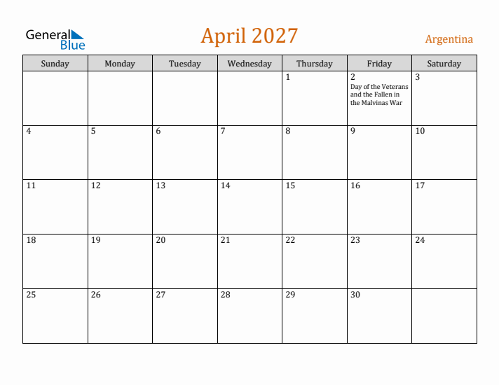 April 2027 Holiday Calendar with Sunday Start