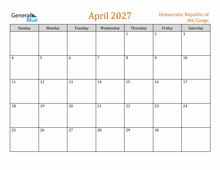 April 2027 Holiday Calendar with Sunday Start