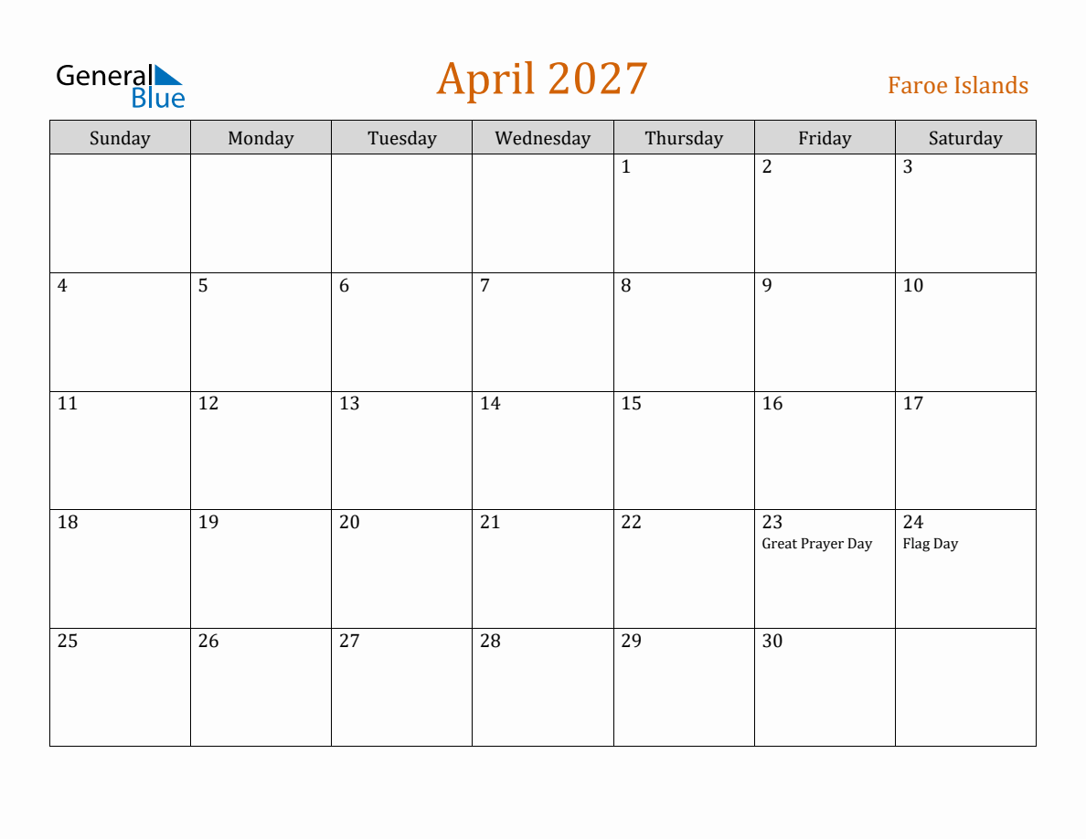 Free April 2027 Faroe Islands Calendar